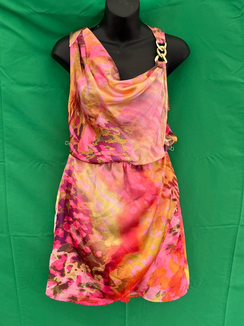 Jennifer Lopez Draped Chain-Shoulder Dress — Floral Print, S